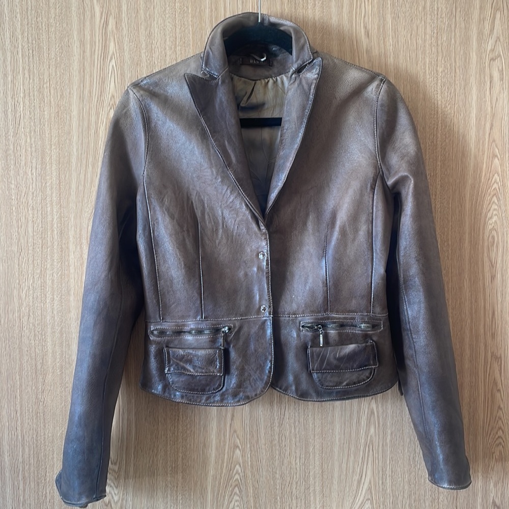 Blur Brown Italian Leather Jacket, size 46 Small, Moto  Bomber Blazer style